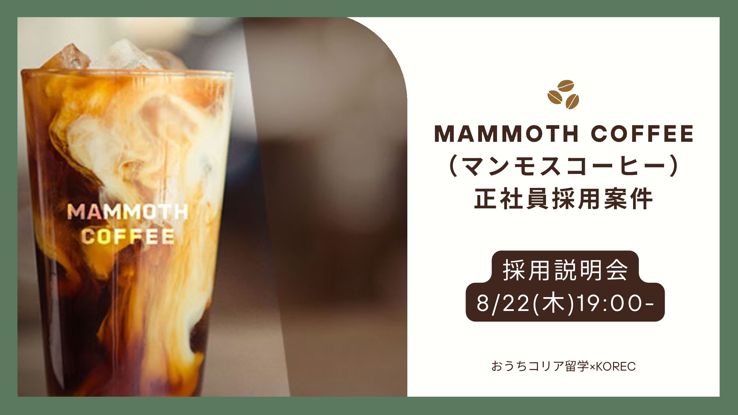 【採用情報】韓国有名カフェチェーン店「株式会社マンモスコーヒージャパン」オープンスタッフ採用案件＃日本勤務＃正社員採用